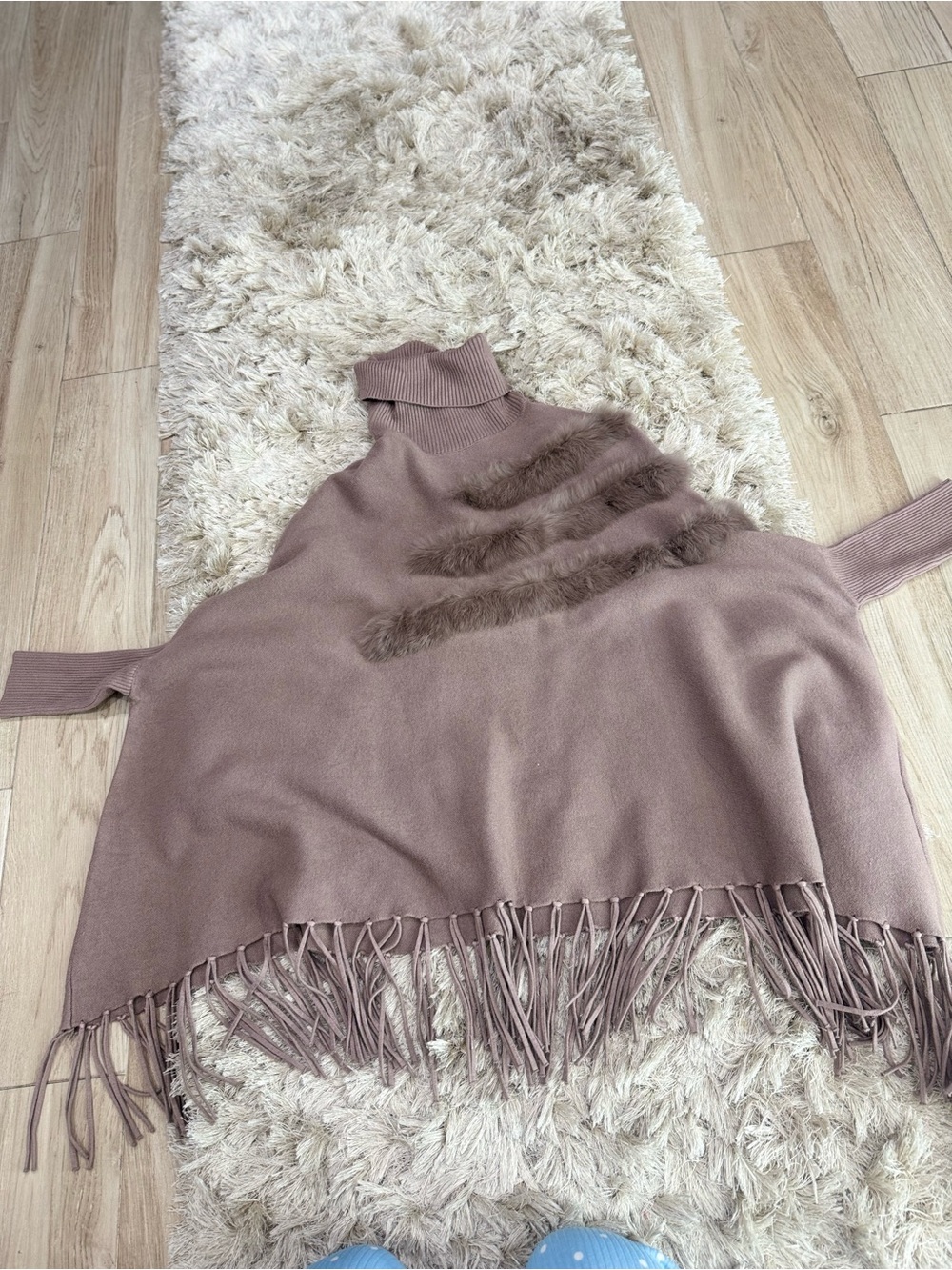 Turtleneck Fringe Sweater Poncho in Mauve